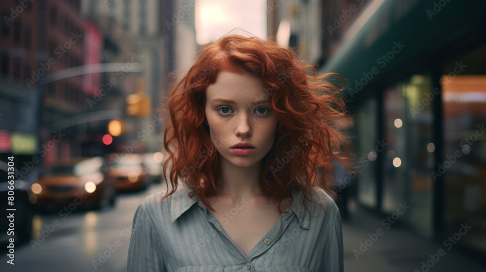 Redheaded woman with windblown hair in city street