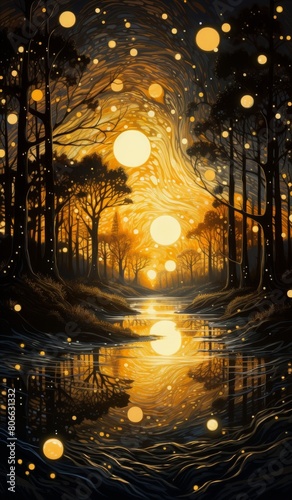 Enchanted forest landscape with glowing orbs