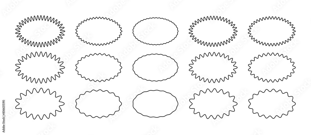 Zig zag Wavy Edge Line Oval Shapes Set. Vector Outline Jagged Geometric Ellipse Forms. Wiggly Frame for Template, Stickers, Stamp, Promo Design, Web Design and Social Media Zig zag Wavy Edge Line Oval Shapes Set. Vector Outline Jagged Geometric Ellipse Forms. Wiggly Frame for Template, Stickers, Stamp, Promo Design, Web Design and Social Media