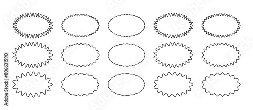 Zig zag Wavy Edge Line Oval Shapes Set. Vector Outline Jagged Geometric Ellipse Forms. Wiggly Frame for Template, Stickers, Stamp, Promo Design, Web Design and Social Media