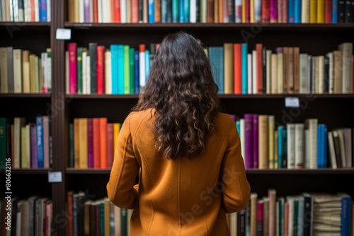 woman with curly hair browsing library shelves
