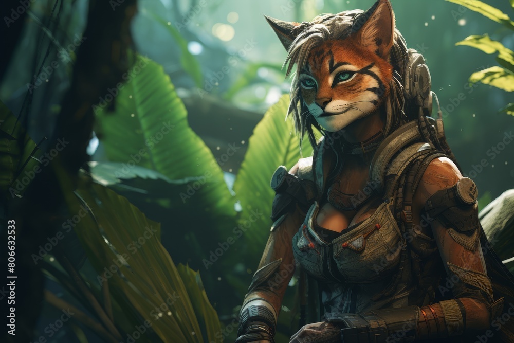 Fototapeta Futuristic feline warrior in lush jungle environment