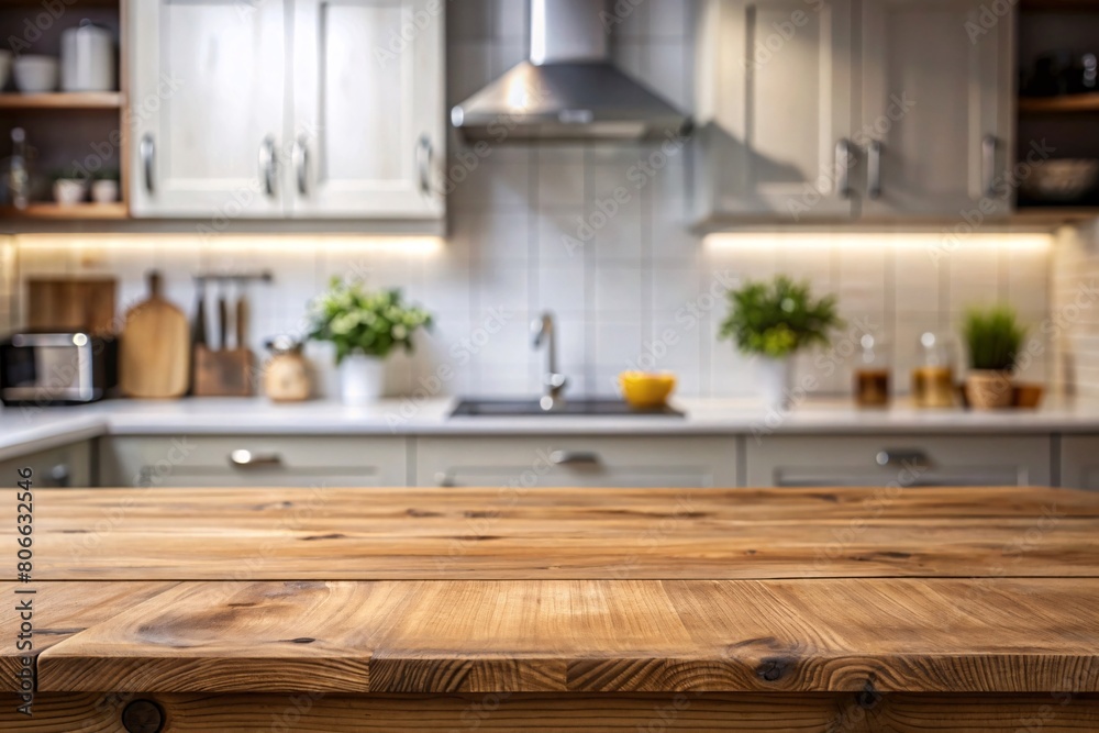 Wooden top with blurred empty kitchen room background can be used for mocking up or display product to make advertising. Wooden top with blurred empty kitchen room background can be used for mocking up or display product to make advertising.