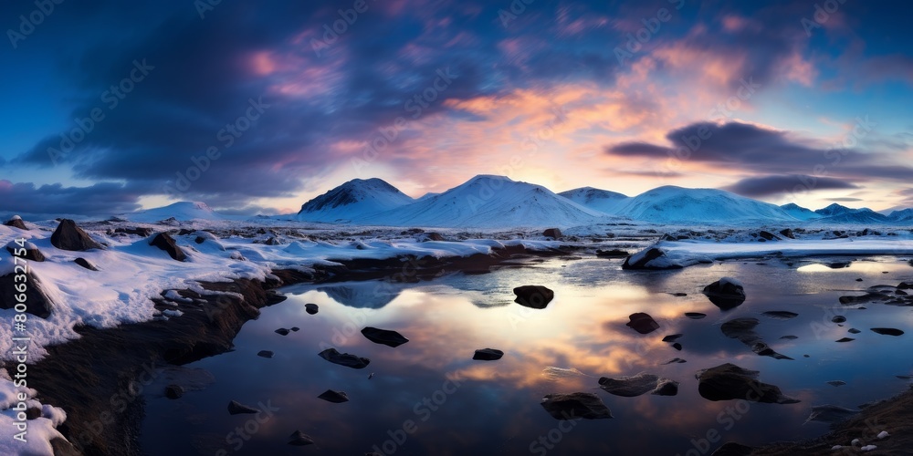 Serene winter landscape with snow-capped mountains and reflection in lake
