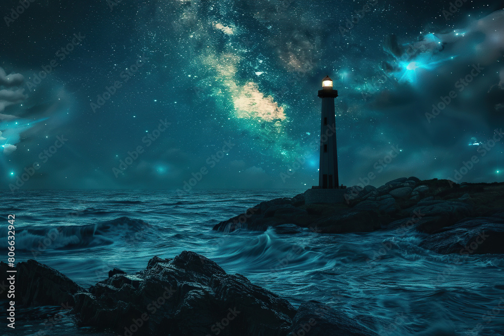 Generative ai on theme of large retro lighthouse with beam of bright light shining out to blue sea Generative ai on theme of large retro lighthouse with beam of bright light shining out to blue sea