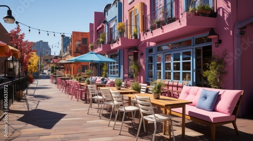Outdoor caf   with vibrant pink and blue seating