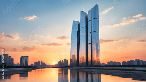 Reflective skyscraper at sunset 