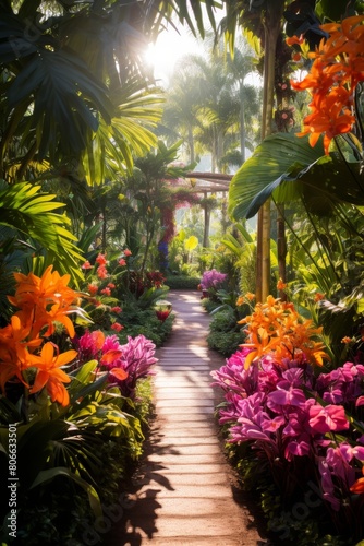 Vibrant tropical garden pathway