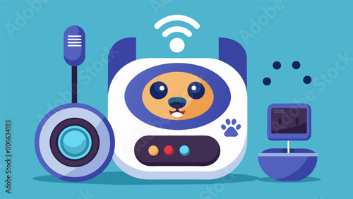 An advanced pet sitter with a builtin camera allowing you to check in on your pet remotely and even talk to them through a microphone.. Vector illustration