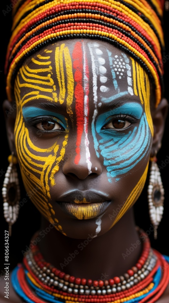 Vibrant face painting of a tribal woman