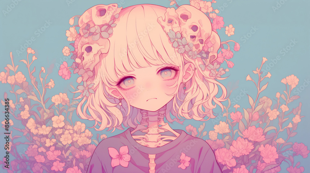 Kawaii Skeleton Girl with Flower Crown, cute halloween character Kawaii Skeleton Girl with Flower Crown, cute halloween character