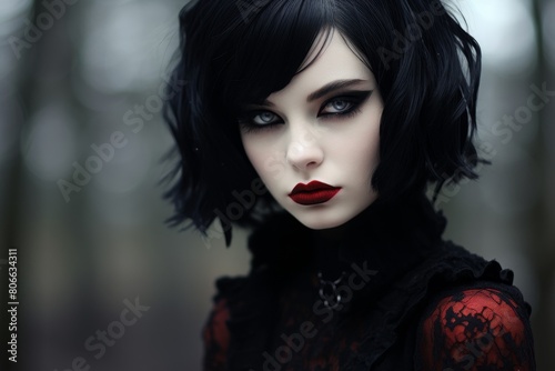 Mysterious goth woman with dark hair and red lips