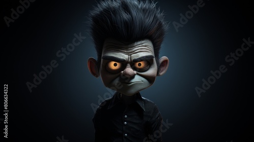 Creepy animated character with spiky black hair and glowing yellow eyes