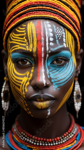 Vibrant face painting of a tribal woman