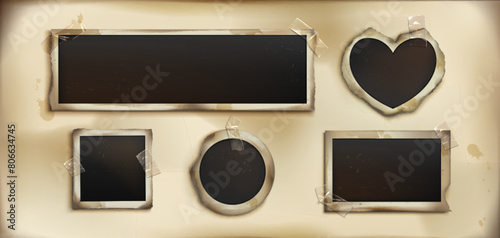 Vintage photos on yellow album page background. Vector realistic illustration of blank old photograph mockups with stains on torn edges, instant picture templates, retro photoalbum design elements