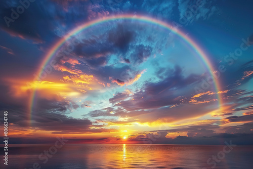 Generative ai on theme of beautiful tranquil landscape with magical bright rainbow at cloudy sky © oleg525