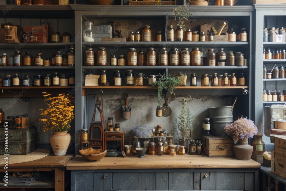 shelves with herbal remedies and old pharmacy