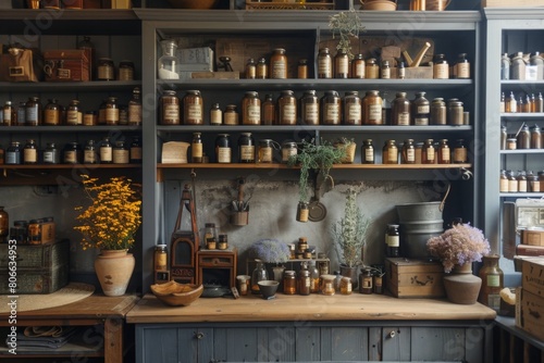 shelves with herbal remedies and old pharmacy photo