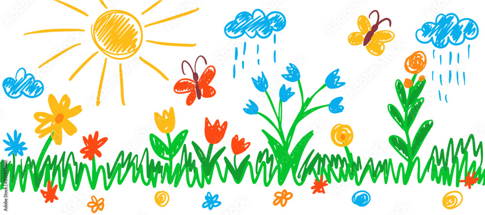 Fototapeta premium Hand-drawn kid's drawing. Flowers, sun, butterflies, clouds, rain on white background. Vector 
