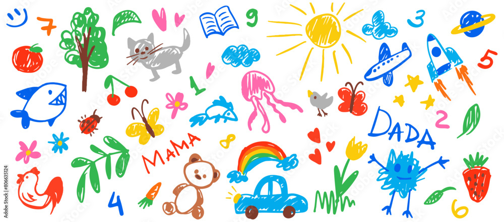 Hand-drawn kids doodle set with childish cute elements: cat, car, sun, cloud, rocket, flower. Vector illustration Isolated on white background