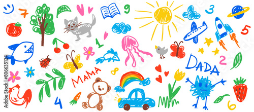 Hand-drawn kids doodle set with childish cute elements: cat, car, sun, cloud, rocket, flower. Vector illustration Isolated on white background