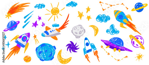 Children drawing doodle set, space illustrations in childish style. Cosmos vector kids drawings: rocket, astronaut, stars, asteroids, ufo, sun, moon © Foxelle