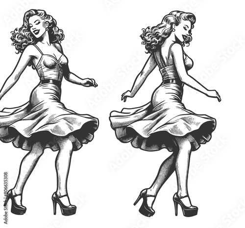 joyful vintage woman dancing in a flowing dress, showcasing classic beauty sketch engraving generative ai fictional character raster illustration. Scratch board imitation. Black and white image.