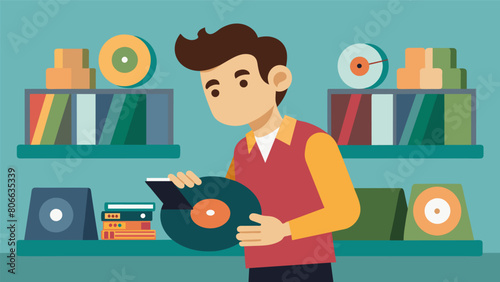 A young record store owner shares his passion for vinyl and his small but carefully curated record collection each album carefully chosen for its Vector illustration