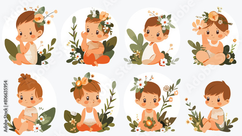 Set of cute babies with flowers and leaves design 