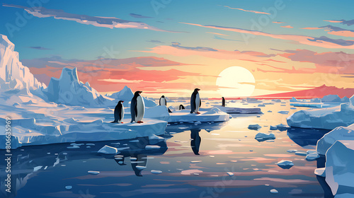 A vector illustration of a penguin colony on ice. photo