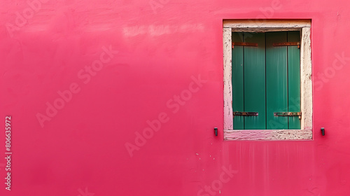This image captures a vibrant pink wall adorned with a white frame and a green window, set against the picturesque backdrop of Venice, Italy. The bold color contrast between the vibrant pink hue 
