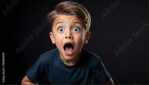 handsome kid boy surprised amazed expression on plain suprised amazed expression on plain black background from Generative AI