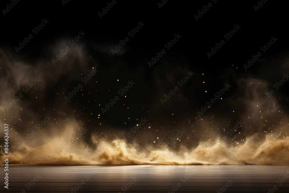 Gold smoke empty scene background with spotlights mist fog with gold glitter sparkle stage studio interior texture for display products blank 
