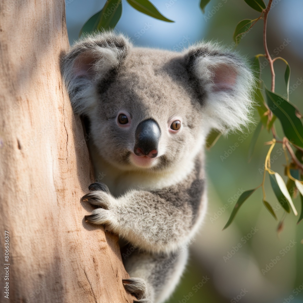 Obraz premium Cute koala bear peeking out from tree