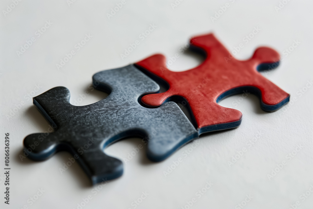 Fototapeta premium two puzzle pieces fitting perfectly together, each representing a different company in a merger scenario