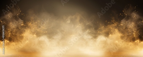 Gold smoke empty scene background with spotlights mist fog with gold glitter sparkle stage studio interior texture for display products blank 