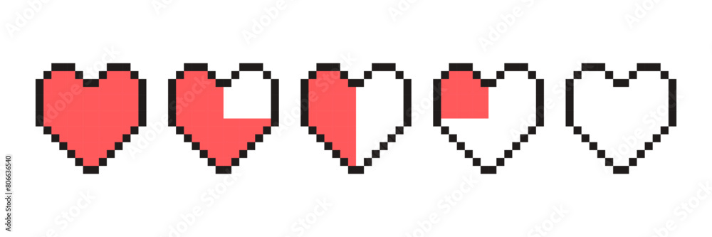Obraz premium Pixel game life bar. Vector art 8 bit health heart bar. Gaming controller, symbols set.