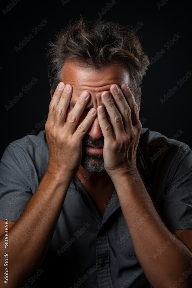 Stressed man covering face with hands Stressed man covering face with hands