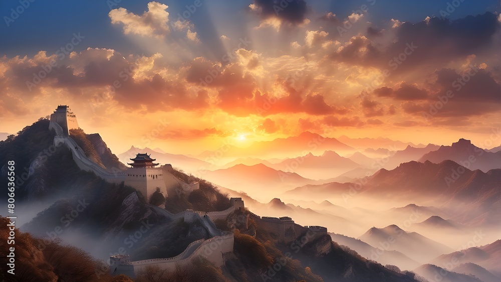 The Great Wall's twisting routes, watchtowers, and breathtaking scenery should all be captured in the picture to highlight its majesty and historical significance. Incorporate dramatic lighting to acc