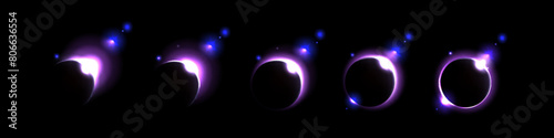 Purple space solar eclipse light glow in galaxy vector. Neon universe planet flare and ray abstract outer world ring. Cosmic sunrise shine with blue sparkle. Isolated halo edge on black background
