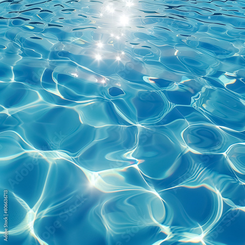 Top view image of a tranquil water surface in a pool, with sunlight creating a shining and reflective wave pattern in a hyper-realistic