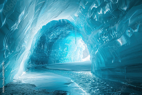 Generative ai on theme of entrance to blue ice cave covered with white snow inside a huge glacier