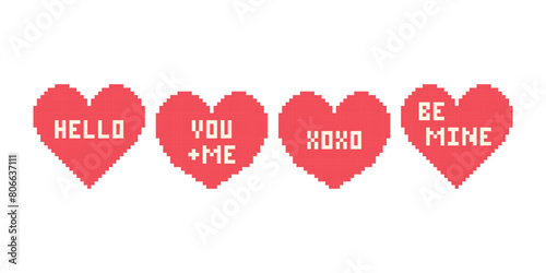 Pixel heart set with text in retro style. Vintage love symbol, 8 bit valentines day set. Pixel art for computer game.