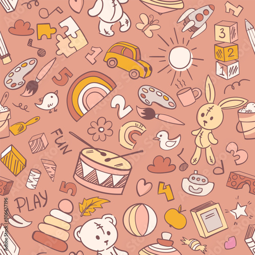 Preschool kindergarten doodle seamless pattern. Educational toys, montessori activities, doodle drawing, line art. Children vector illustration