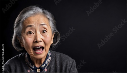 beautiful elderly asian woman surprised amazed express suprised amazed expression on plain black background from Generative AI