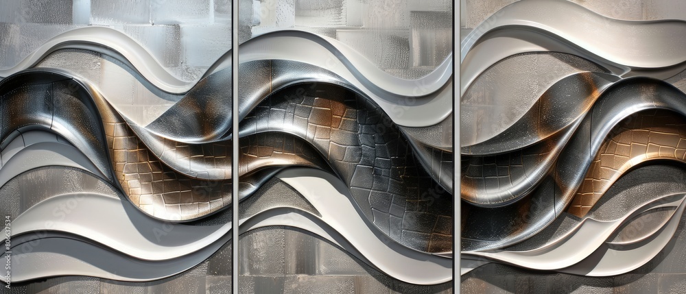 Intricate Metallic Abstract Art Piece with Flowing Wave Patterns Intricate Metallic Abstract Art Piece with Flowing Wave Patterns