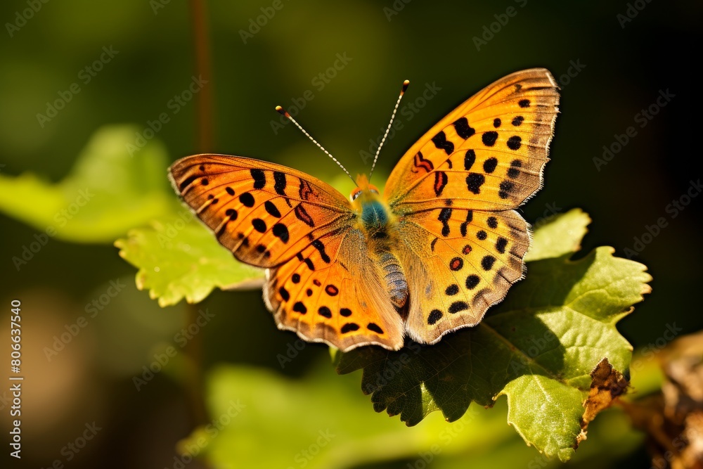 Vibrant orange butterfly resting on green leaves Vibrant orange butterfly resting on green leaves
