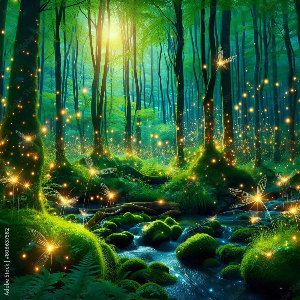 Fototapeta premium green forest in night, forest in night, a magical and enchanting forest with fireflies and sparkles.