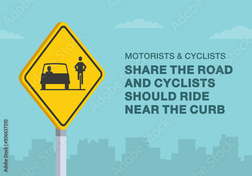 Safe driving tips and traffic regulation rules. Close-up of United States "share the road" sign. Motorists and cyclists share the road. Flat vector illustration template.