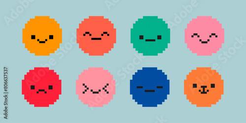 Pixel face set. Various pixel art faces, happy and sad. 8bit acid style pixelated face. Vector.
